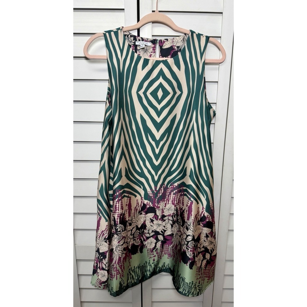 Vasna Animal Print Floral Boho Sleeveless Satin A-Line Dress Women's Size Small